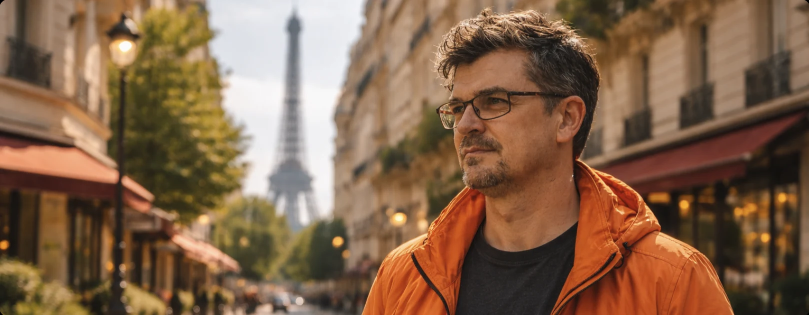 Clint on a Paris street, with the Eiffel Tower in the background