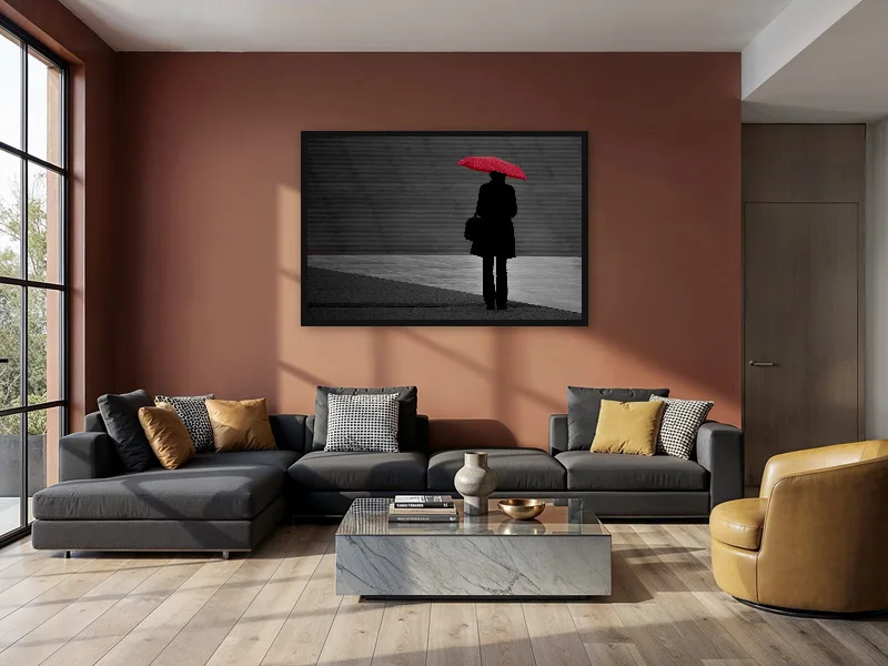 RED UMBRELLA GIRL — monumental print in situ.