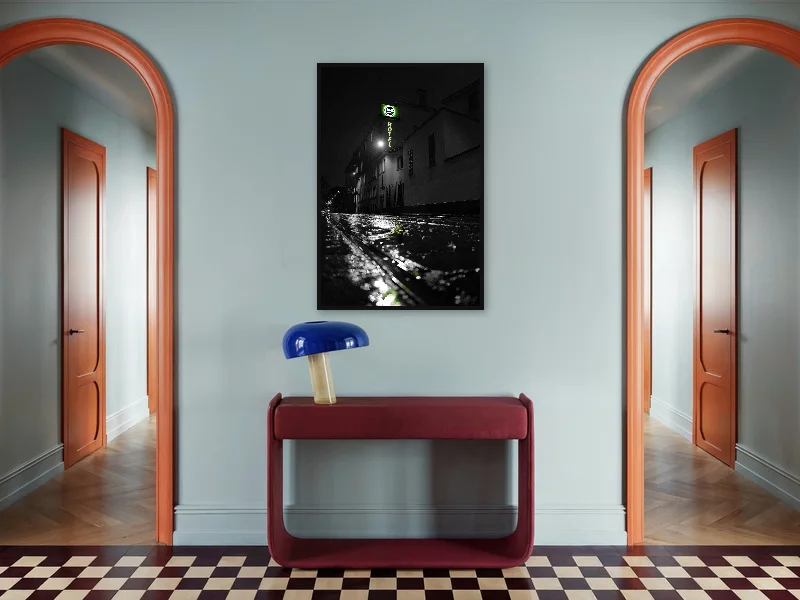 MIDNIGHT CHECK-IN — gallery print in situ.