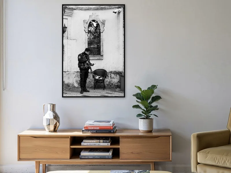 CAT UNDER ARREST — gallery print in situ.