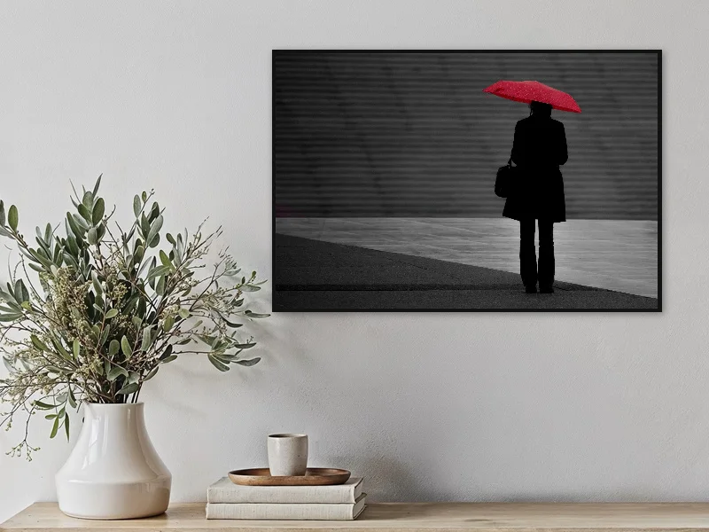 RED UMBRELLA GIRL — fine art print in situ.