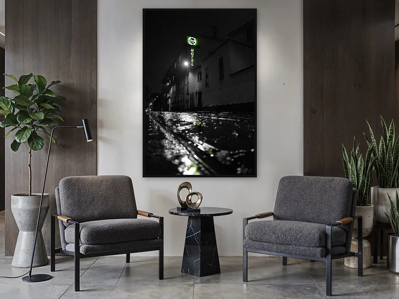 MIDNIGHT CHECK-IN — monumental print in situ.