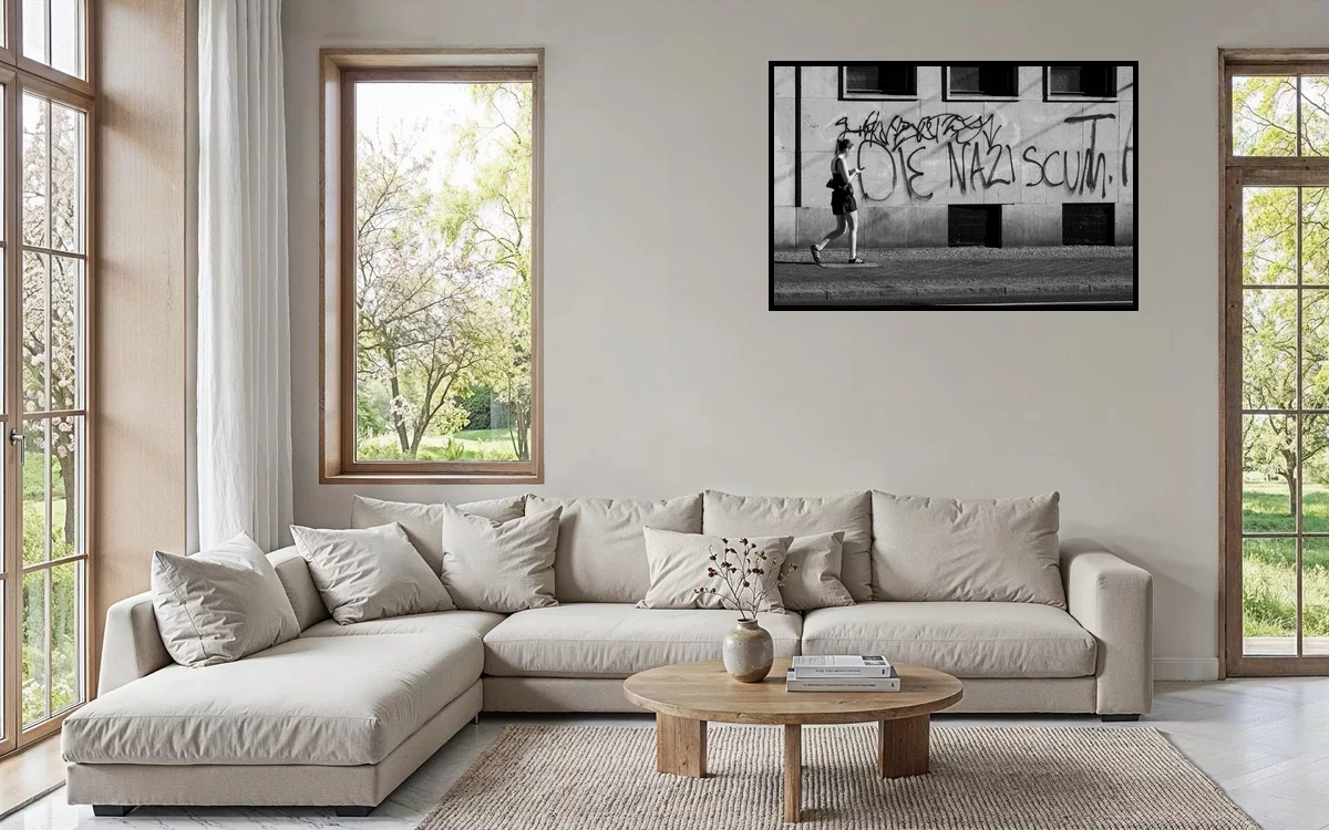 DIE NAZI SCUM — monumental print in an interior.