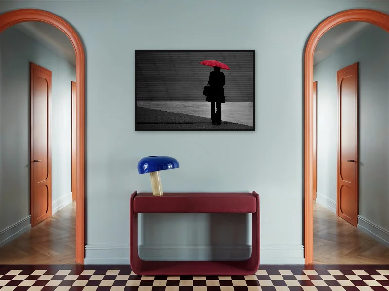 RED UMBRELLA GIRL — gallery print in situ.