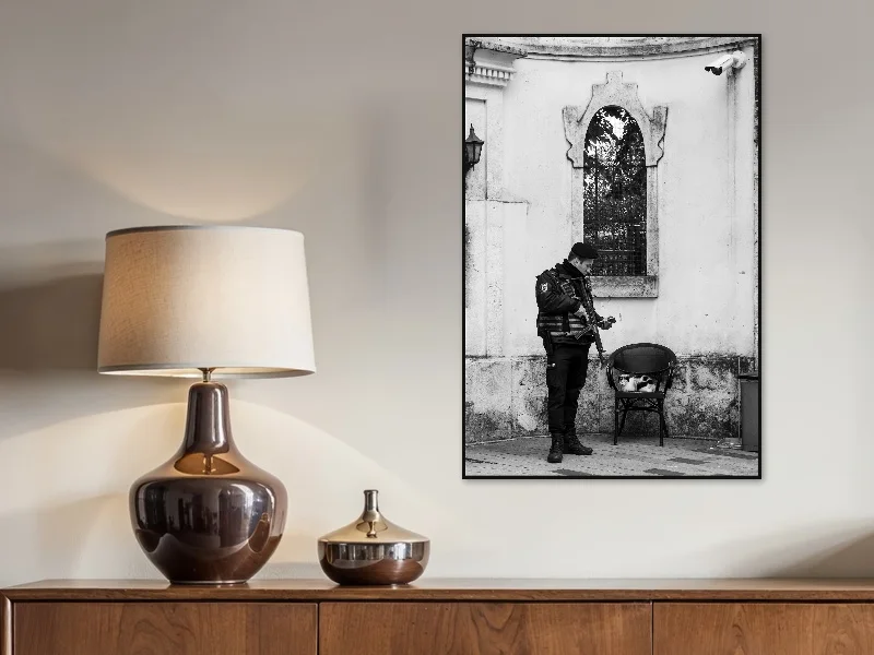 CAT UNDER ARREST — fine art print in situ.